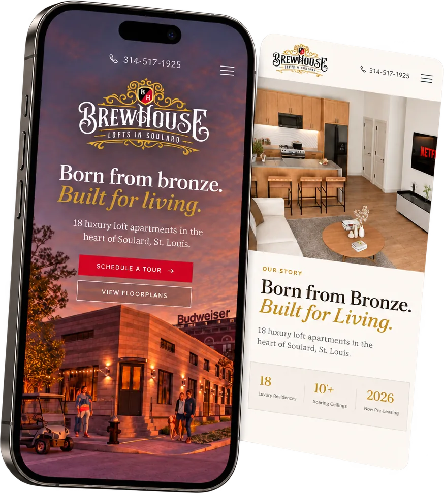 Brew House Lofts website on a phone