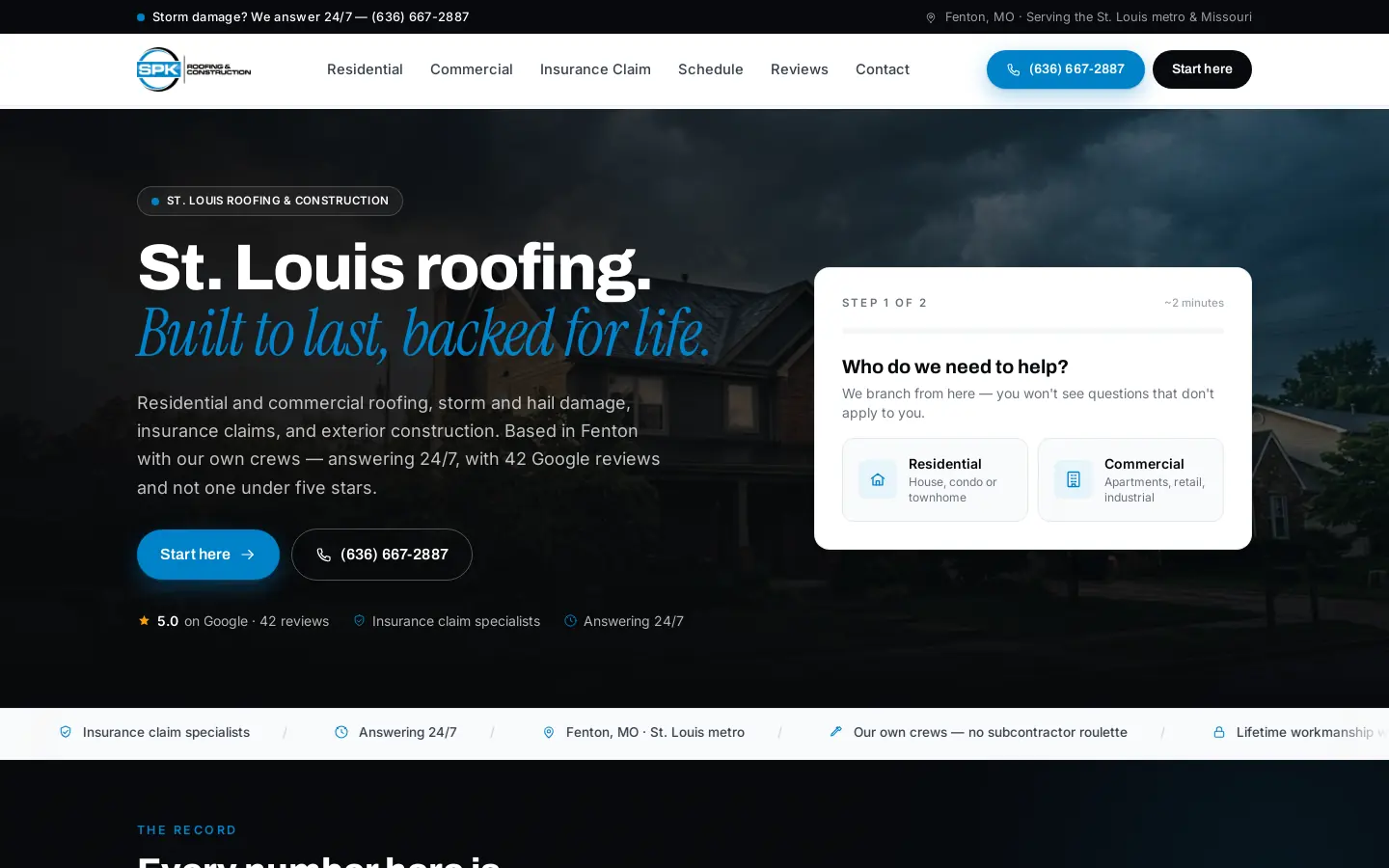 SPK Roofing website, home page